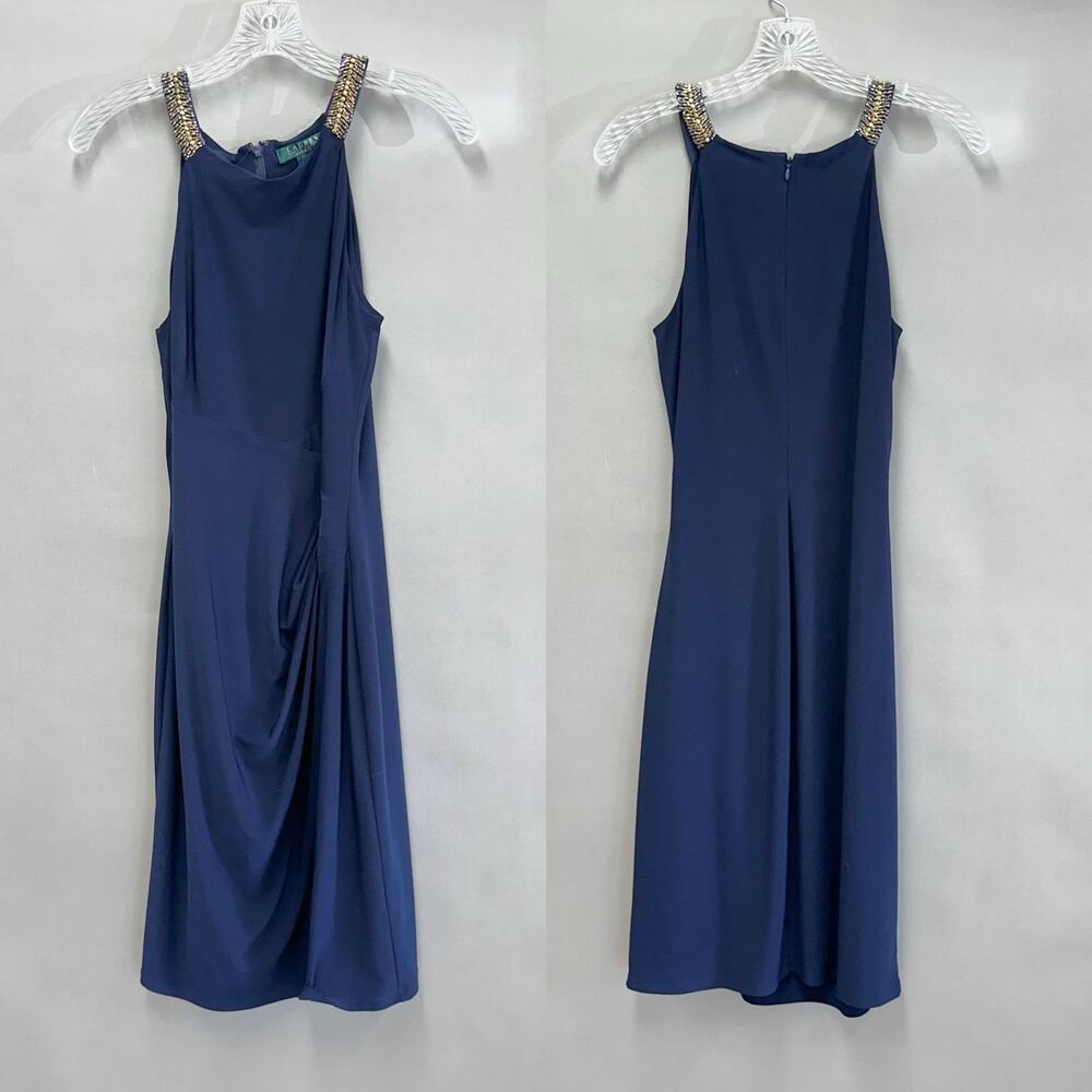 LRL Ralph Lauren Evening Navy Ruched Beaded‎ Sheath Dress Size 8 - Picture 13 of 14
